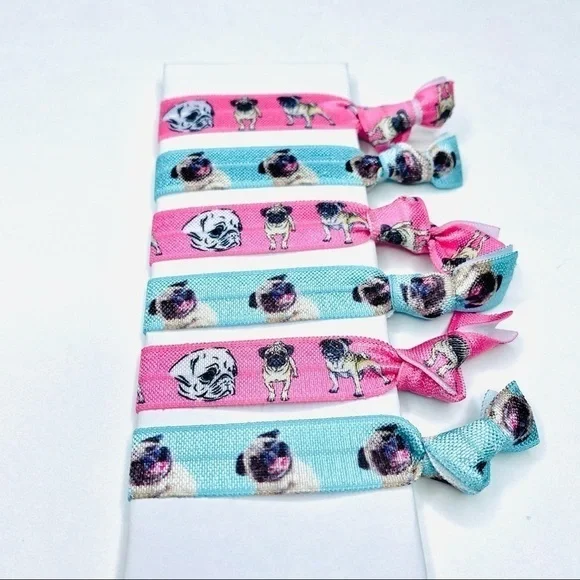 2/$10 Pink Blue Pug Puppy Hair Tie Elastics - Picture 3 of 5